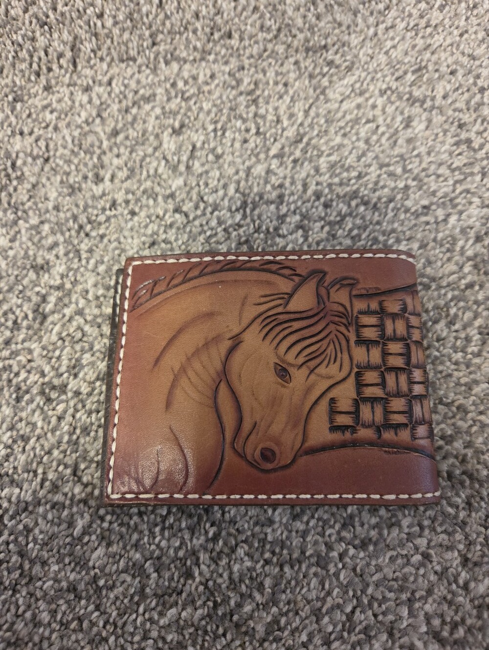 Hand-Tooled Brown Leather Wallet with Horse Design